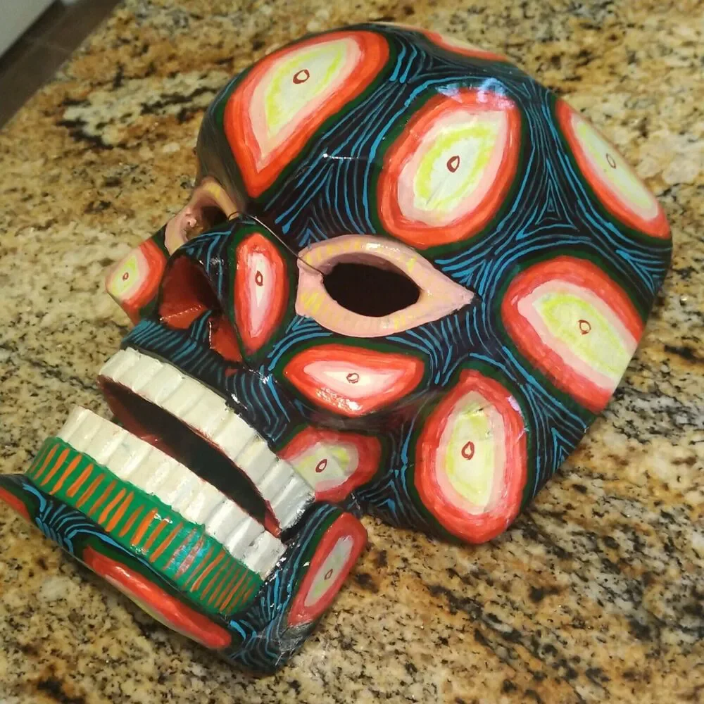 GUATEMALAN MEXICAN MOVABLE SKULL MASK TRANSFORMATION WOODEN FOLK ART HAND CARVED